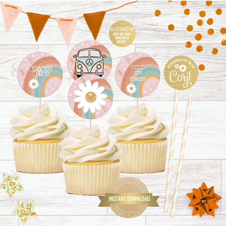 Editable GROOVY Birthday Cupcake Toppers Groovy One Birthday Etsy New