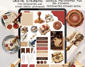 Vintage Stationery Stickers, Digital Planner Stickers for GoodNotes (Pre-cropped PNG)