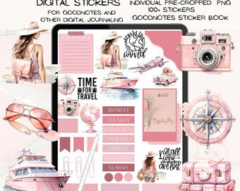 Pink Travel Stickers for GoodNotes, Digital Journaling (PNG)