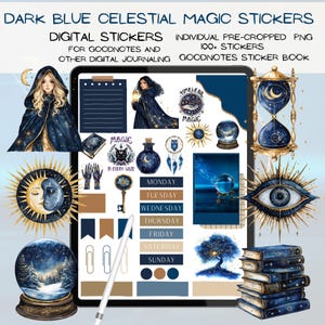 May include: A digital sticker set with a celestial and magical theme. The stickers include illustrations of a woman in a cloak, a moon and sun, an hourglass, a crystal ball, and other mystical elements. The text on the image reads "Dark Blue Celestial Magic Stickers".