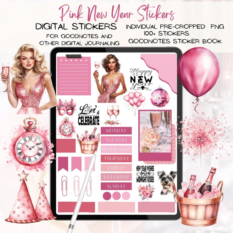 Pink New Year Goodnotes Stickers, Digital Planner (PNG) - Etsy