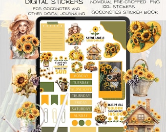 May include: Digital sticker set featuring sunflowers, a house, a watering can, a hat, and a girl holding sunflowers. The stickers are designed for Goodnotes and other digital journaling. The text "Shine Like a Sunflower" and "We're All Golden Sunflowers Inside" are included.