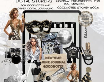 New Year Stickers, Realistic Silver and Gold, GoodNotes Planner (Digital)