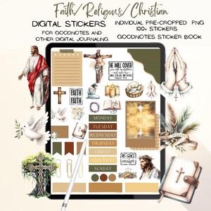 Könnte beinhalten: Digitale Sticker für Goodnotes und andere digitale Journale. Die Sticker zeigen verschiedene christliche Motive, darunter Tauben, Kreuze und Bibelverse. Die Sticker sind im Aquarell-Stil gehalten und perfekt, um Ihrem digitalen Planer einen Hauch von Glauben zu verleihen.