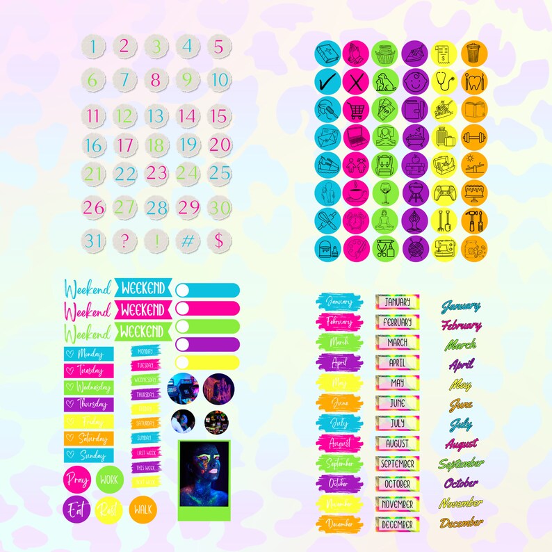 Neon Digital Stickers, Goodnotes Planner Stickers (PNG, PDF) - Etsy