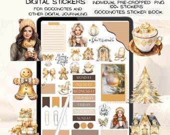 Gold Christmas GoodNotes Stickers, Digital Planner, iPad Stickers (PNG)