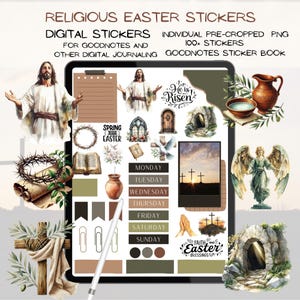 Peut inclure: Autocollants numériques pour Goodnotes et autres journaux numériques. Les autocollants présentent des thèmes religieux de Pâques, notamment des images de Jésus, d'une croix, d'une colombe, d'un ange et d'un tombeau. Les autocollants sont pré-découpés et prêts à être utilisés dans votre agenda numérique.