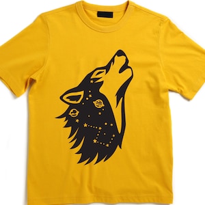 Howling Wolf Kids Shirt, Mustard Yellow Wolf Shirt For Kids, Boy Girl Wolf Shirt, Space Constellations Wolf Shirt, Wolf Pack Tee Shirt