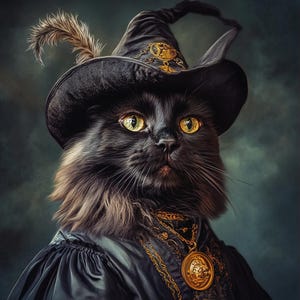 May include: A black cat wearing a black witch's hat with gold accents and a gold chain necklace with a round pendant. The cat has yellow eyes and a serious expression.