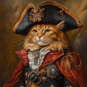 May include: A ginger cat wearing a black and gold tricorne hat and a red and white costume with a gold chain and a silver medal. The cat has a serious expression and is looking to the left.