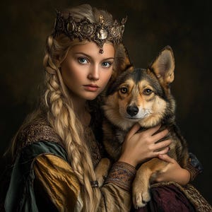 May include: A young woman with long blonde hair wearing a gold crown and a green and gold dress holds a brown and black dog.