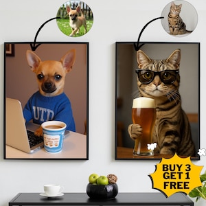 Custom Pet Portrait: Dog Drinking Coffee, Cat Drinking Beer (Digital Download)