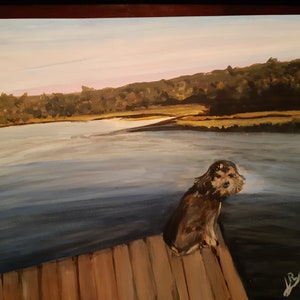 May include: A painting depicting a small, brown dog seated on a wooden jetty overlooking a tranquil lake. The background showcases a verdant forest and a blue sky with a touch of pink.