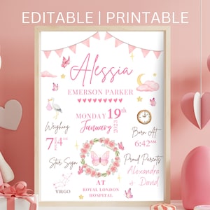 Regalo con impresión personalizada de bebé para niña, Impresión de estadísticas de nacimiento, Regalo de nacimiento, Regalo de baby shower, Regalo de bautizo, Mariposa rosa