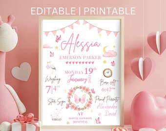 New Baby Personalised Print Gift For Girl Birth Stats Print Keepsake Print  Birth Gift Baby Shower Gift Christening Gift Pink Butterfly