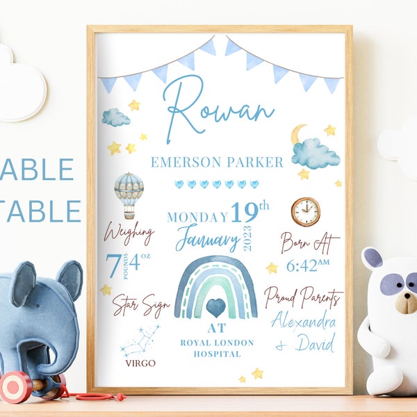 New Baby Personalised Gift For Boy Birth Stats Print Keepsake Print Gift For New Baby