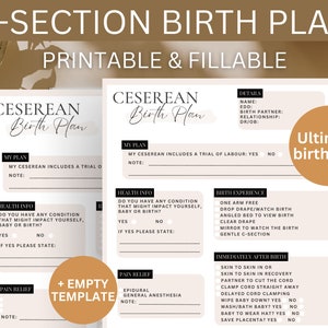 May include: Printable C-Section Birth Plan checklist with sections for details, health information, pain relief, birth experience, and immediately after birth. The checklist has a beige background with black text and checkboxes.