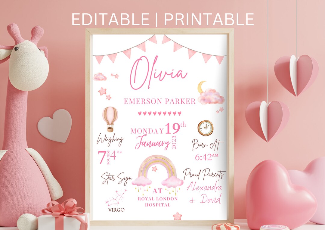 New Baby Personalised Gift For Girl Birth Stats Print Keepsake Print ...