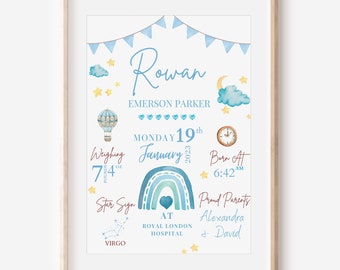 Personalised New Baby Boy Gift Personalised New Baby Print Birth Stats Print Gifts For New Baby Name Keepsake Blue Nursery Decor Baby shower
