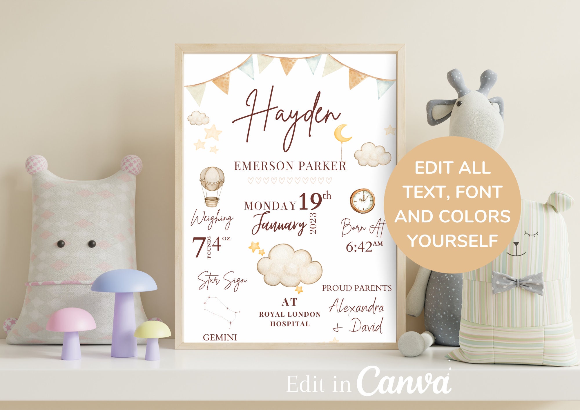 New Baby Personalised Gift Gender Neutral Birth Stats Print Keepsake