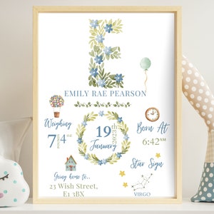 Neues Baby personalisiertes Geschenk für Mädchen Geburt Stats Druck Andenken Druck Geschenk für neues Baby Blumen Geschenk für Neugeborene Blau Kinderzimmer Druck