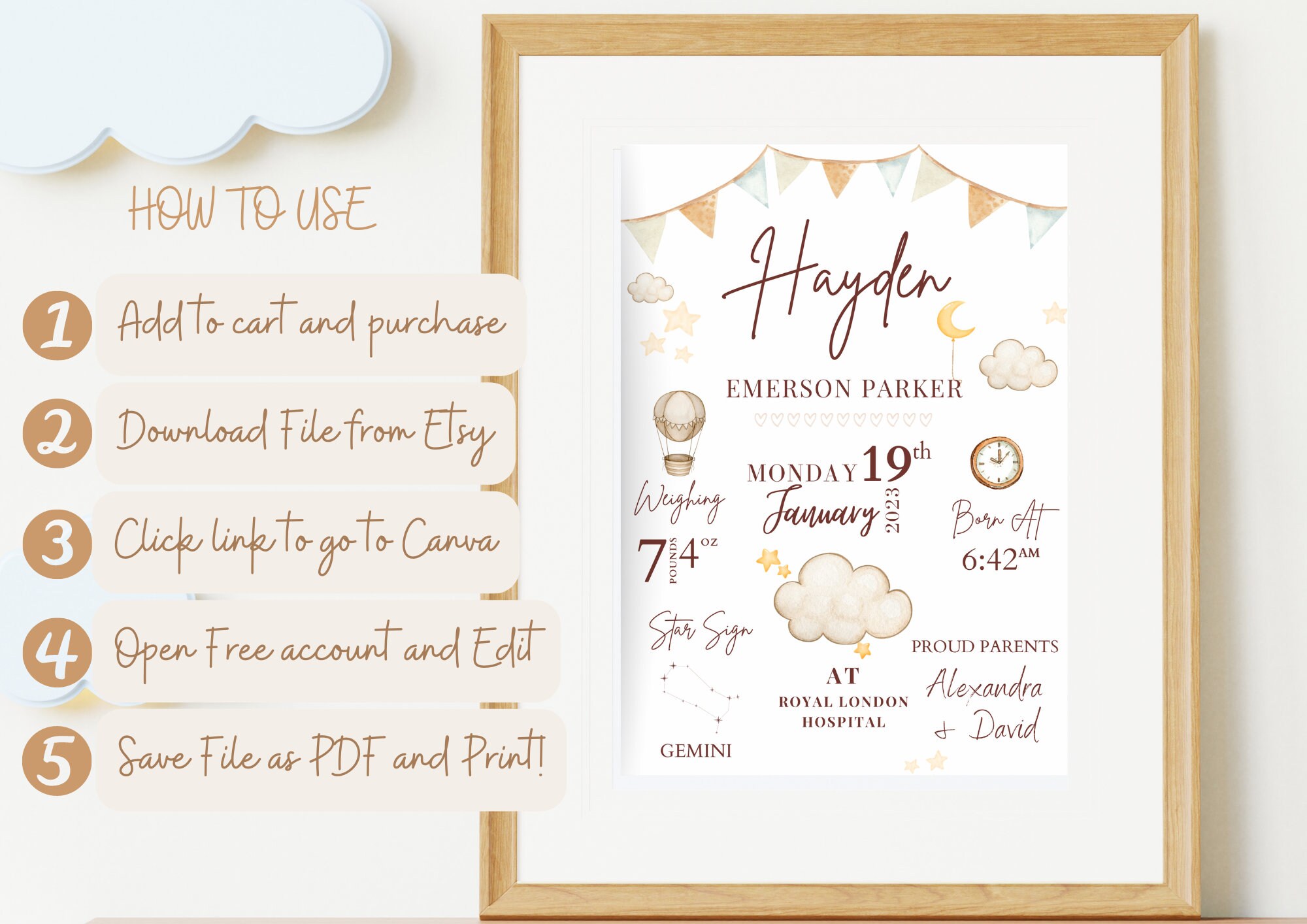 New Baby Personalised Gift Gender Neutral Birth Stats Print Keepsake