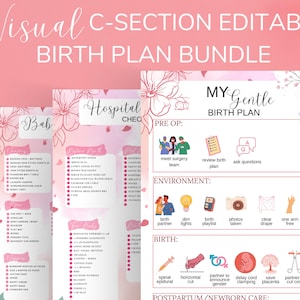 May include: A printable C-section birth plan bundle with pink floral illustrations. The bundle includes a checklist for hospital items, a checklist for baby items, and a birth plan with sections for pre-op, environment, birth, and postpartum/newborn care.