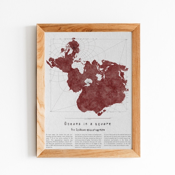 The Spilhaus projection map: World Oceans in a square | Watercolor Poster Wall Art Print | Watercolor World Map