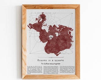 The Spilhaus projection map: World Oceans in a square | Watercolor Poster Wall Art Print | Watercolor World Map