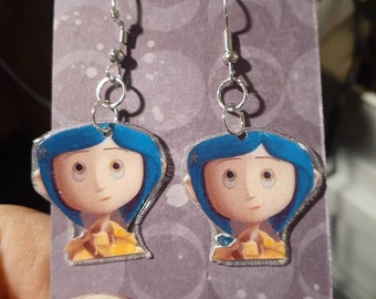 Coraline inspired earrings recycled artwork unique and fun