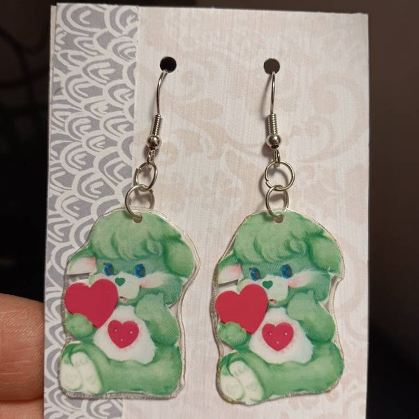 Super cute nostalgic care bear cousin  inspired gentle heart lamb holding a heart for you earrings paper empherea