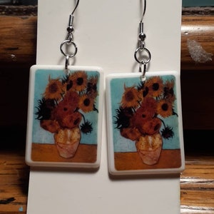 Vincent van Gogh inspired earrings featuring sunflowers in a vase pretty