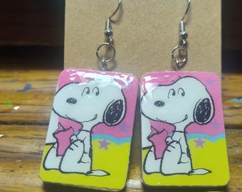 snoopy inspired earrings on a Scrabble tile very unique  and lightweight features library snoopy