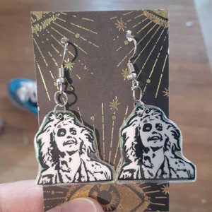 Beetlejuice inspired earrings , recycled artwork into great ooak earrings