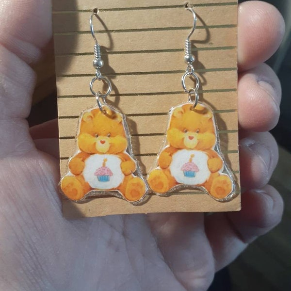 Birthday bear care bear earrings recycled product  vintage emphera