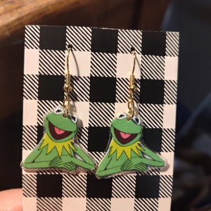 Unique recycled earrings made of  vintage valentines featuring kermit the frog so cute