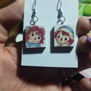 handmade raggedy Ann and Andy inspired earrings recycled vintage Scrabble tiles make these unique and appealing