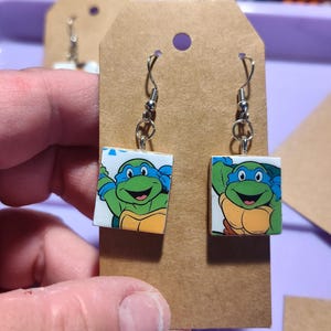 teenage mutant  ninja turtles inspired earrings made with vintage paper Valentines and with a recycled vintage Scrabble tile very unique