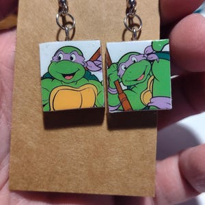 teenage mutant  ninja turtles inspired earrings made with vintage paper Valentines and with a recycled vintage Scrabble tile very unique