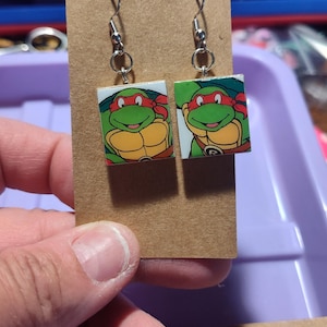 teenage mutant  ninja turtles inspired earrings made with vintage paper Valentines and with a recycled vintage Scrabble tile very unique