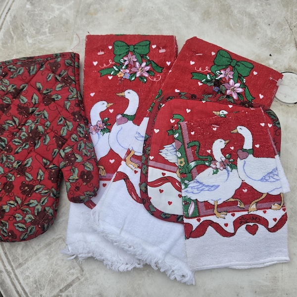 vintage 1980s country kitchen linen collection featuring the iconic holiday goose motif. The collection includes white country geese