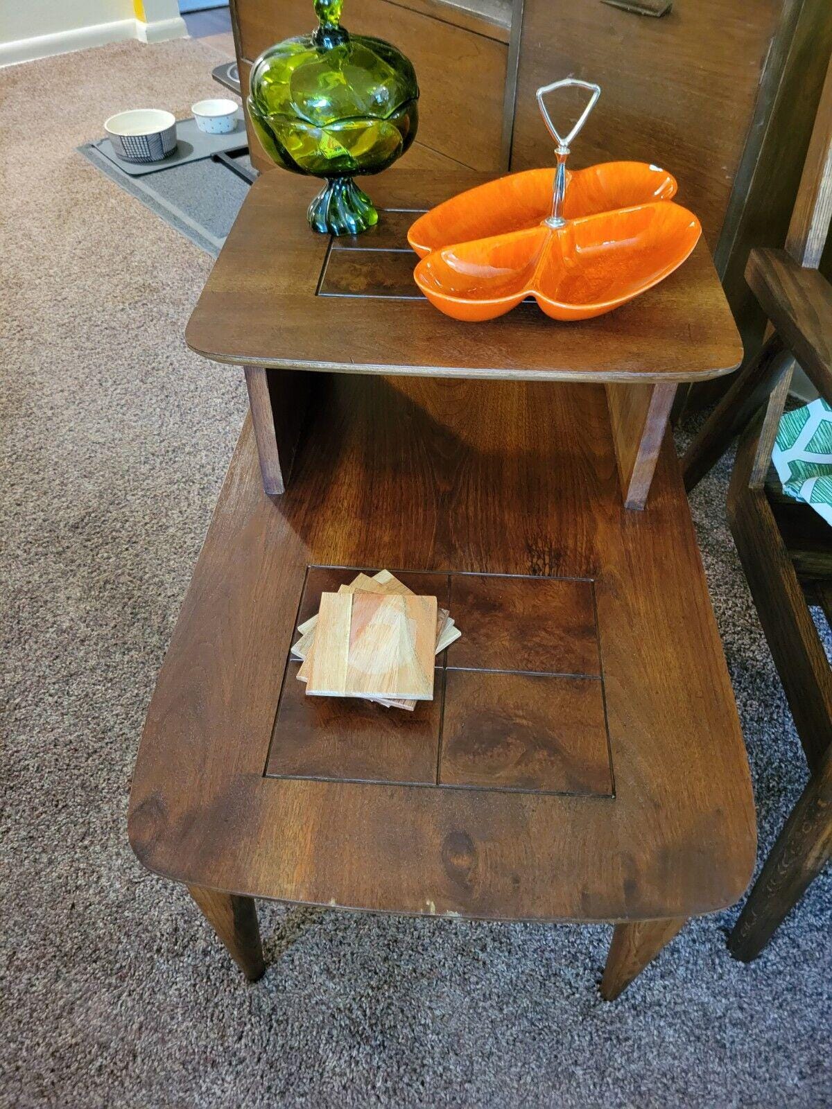 Mid Century Modern Stanley 2-tiered Walnut & Burlwood End/step