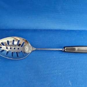 Vintage Foley Stainless Steel (USA) Slotted Serving Spoon w/Black Handle - 11&quot;