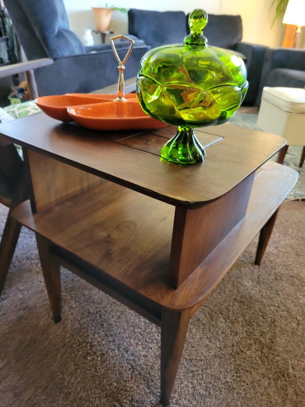 Mid Century Modern Stanley 2-tiered Walnut & Burlwood End