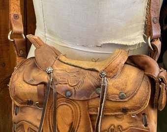 Vintage Leather Saddle Purse Hand Burned Designed Leather Bag