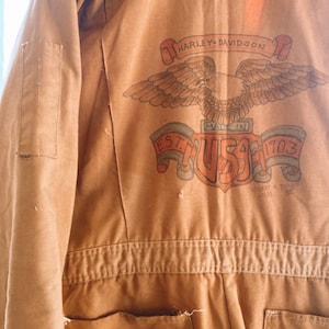 Vintage Wrangler Coveralls with Harley Davidson art Tan Big Ben wrangler mechanic suit Harley Davidson Coveralls XL Big Ben Vintage canvas