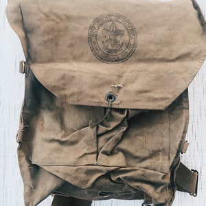 Vintage Boy Scouts of America Rucksack, Canvas grün, National Council New York City Boy Scout Siegel, Campingtasche, Scout Tasche Armee grün Tasche