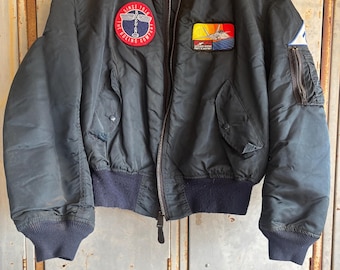 Vintage Men's USAF Flyers Intermediate MA-1 Bomber Jacket zip up jacket heavy duty size X-Large Navy Blue Orange patches Boeing Lockheed