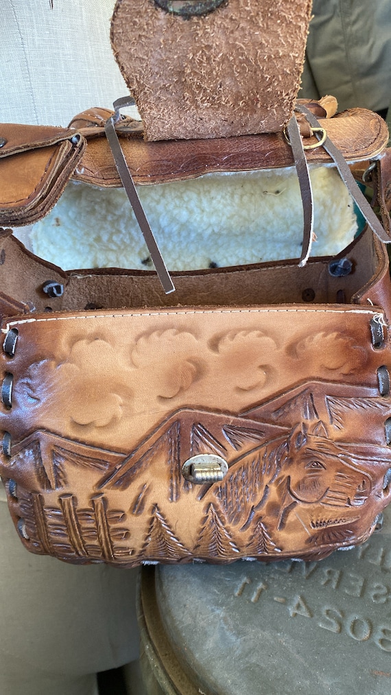 Vintage Leather Saddle Purse Hand Burned Designed Leather Bag