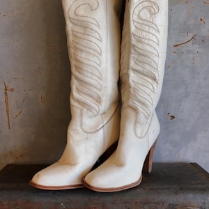 Vintage White Leather Cowboy Boots- 1970s with brown wooden bottoms, Made in Brazil boots 6 genuine leather boots heels tall knee high